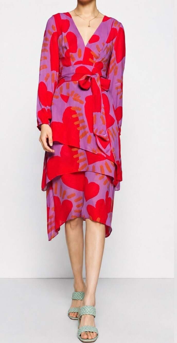FARM Rio Wild Hearts layered Midi Dress Red Lilac Long Sleeve Size XL NEE